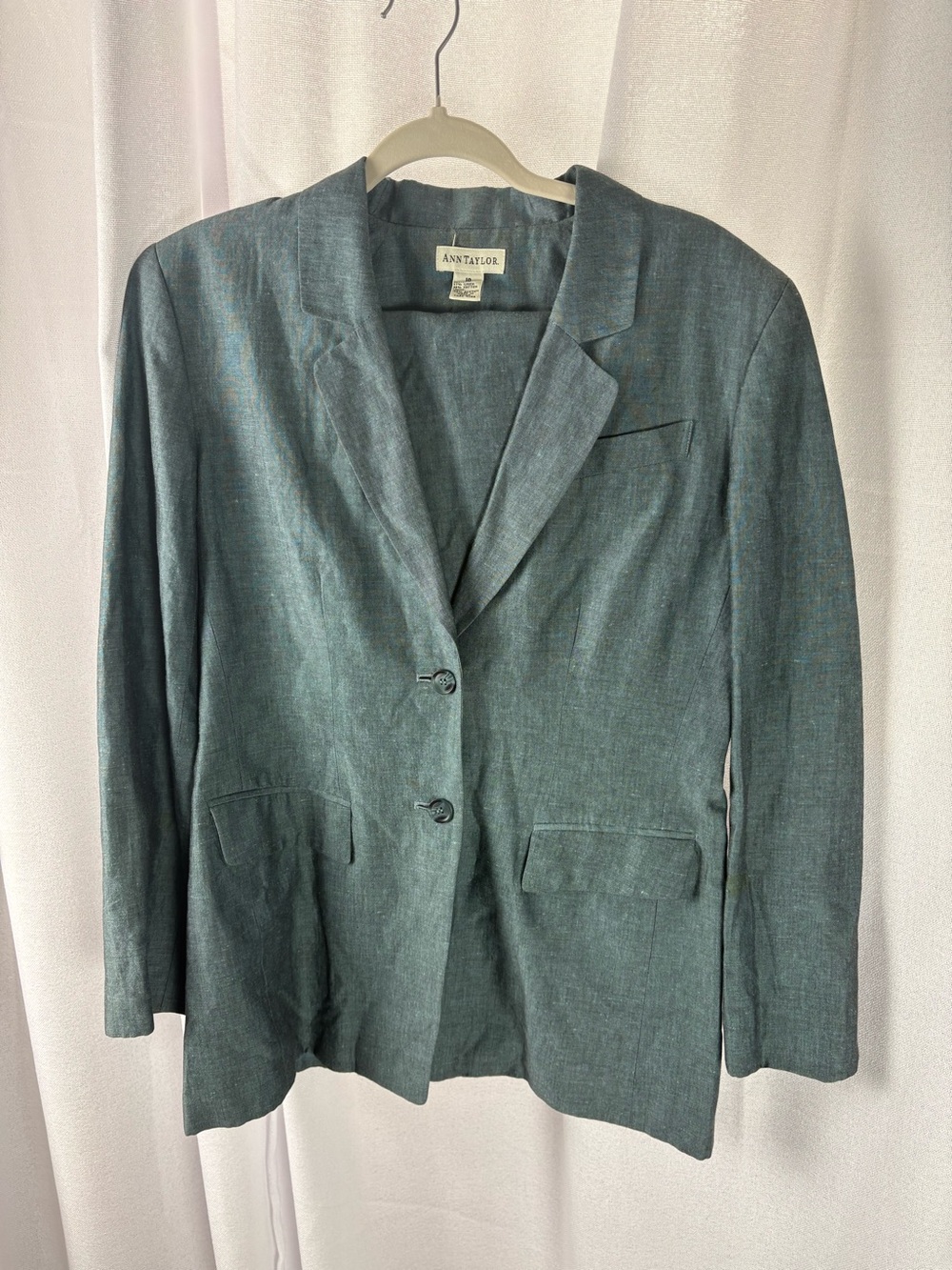 Ann Taylor Vintage Blue Classic Blazer and Skirt Suit Linen Cotton Blend 8/10